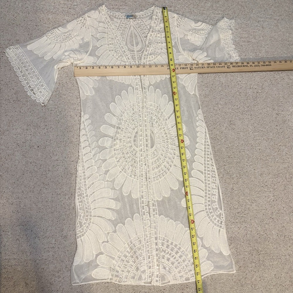 Rebellion Again Sz S Ivory Lace Sheer Kimono Duster Cardigan Boho Embroidered - Picture 11 of 12